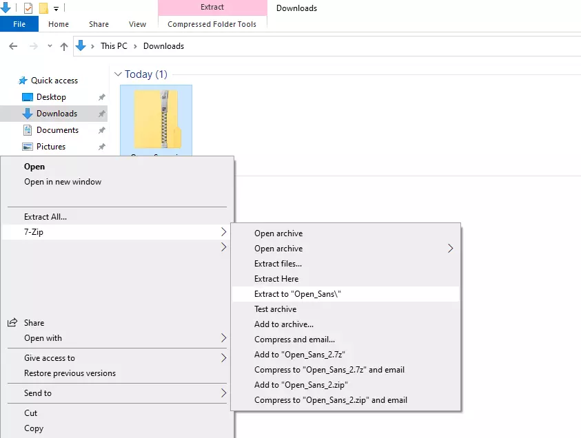 Imagen: Archivo ZIP de fuentes: menú de descompresión