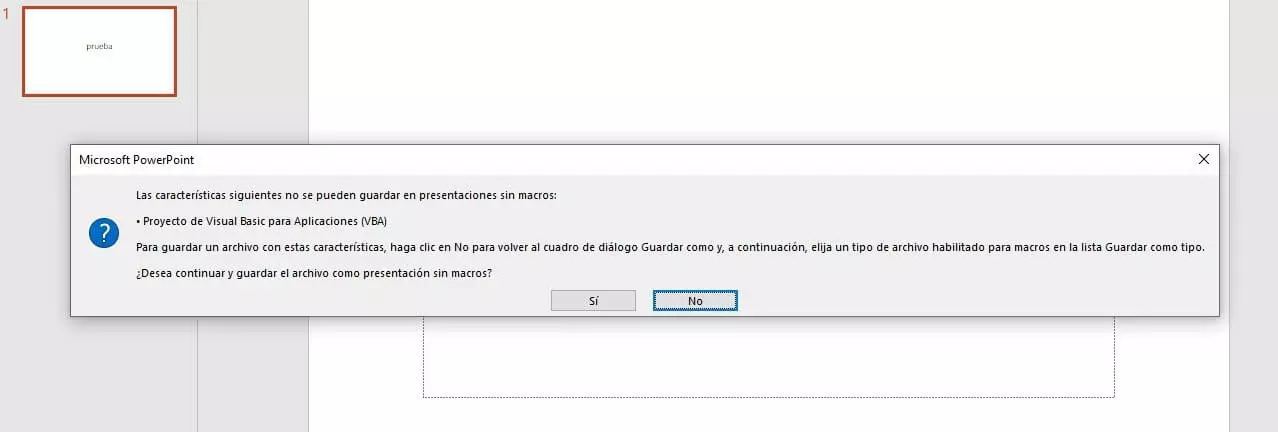 Imagen: Microsoft PowerPoint: mensaje de advertencia en el momento de guardar la macro