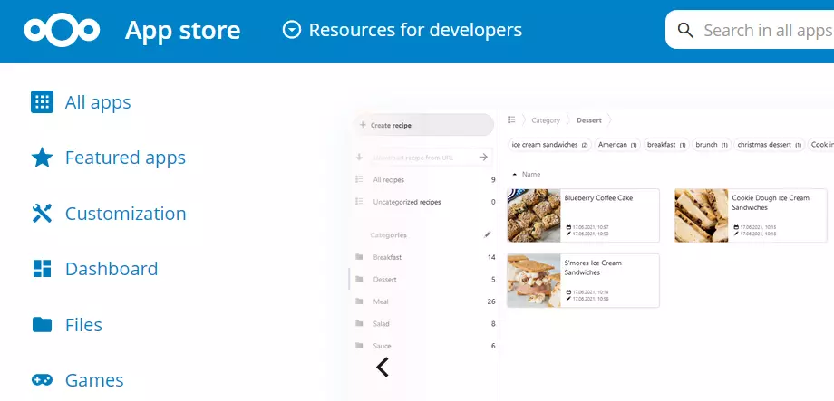 Captura de pantalla de la app Cookbook en el App Store de Nextcloud Captura de pantalla de la app Cookbook en el App Store de Nextcloud