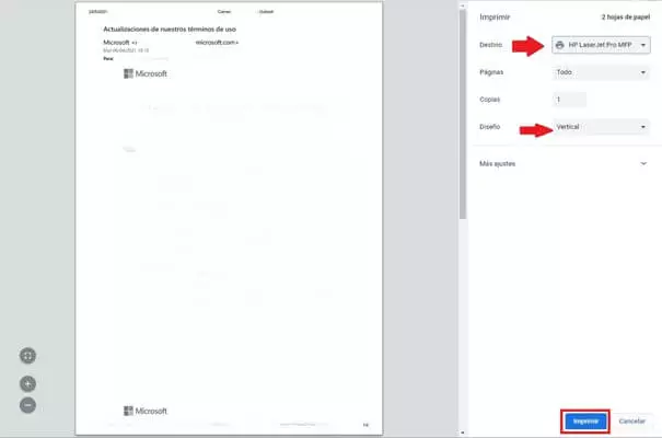 Imagen: Ventana de “Imprimir” en la versión online de Outlook