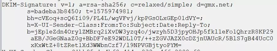 Captura de pantalla de un encabezado de correo electrónico con el recorte de la firma DKIM Captura de pantalla de un encabezado de correo electrónico con el recorte de la firma DKIM