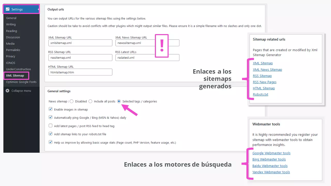 Imagen: La parte superior de la interfaz de administración del plugin “XML Sitemap Generator for Google”