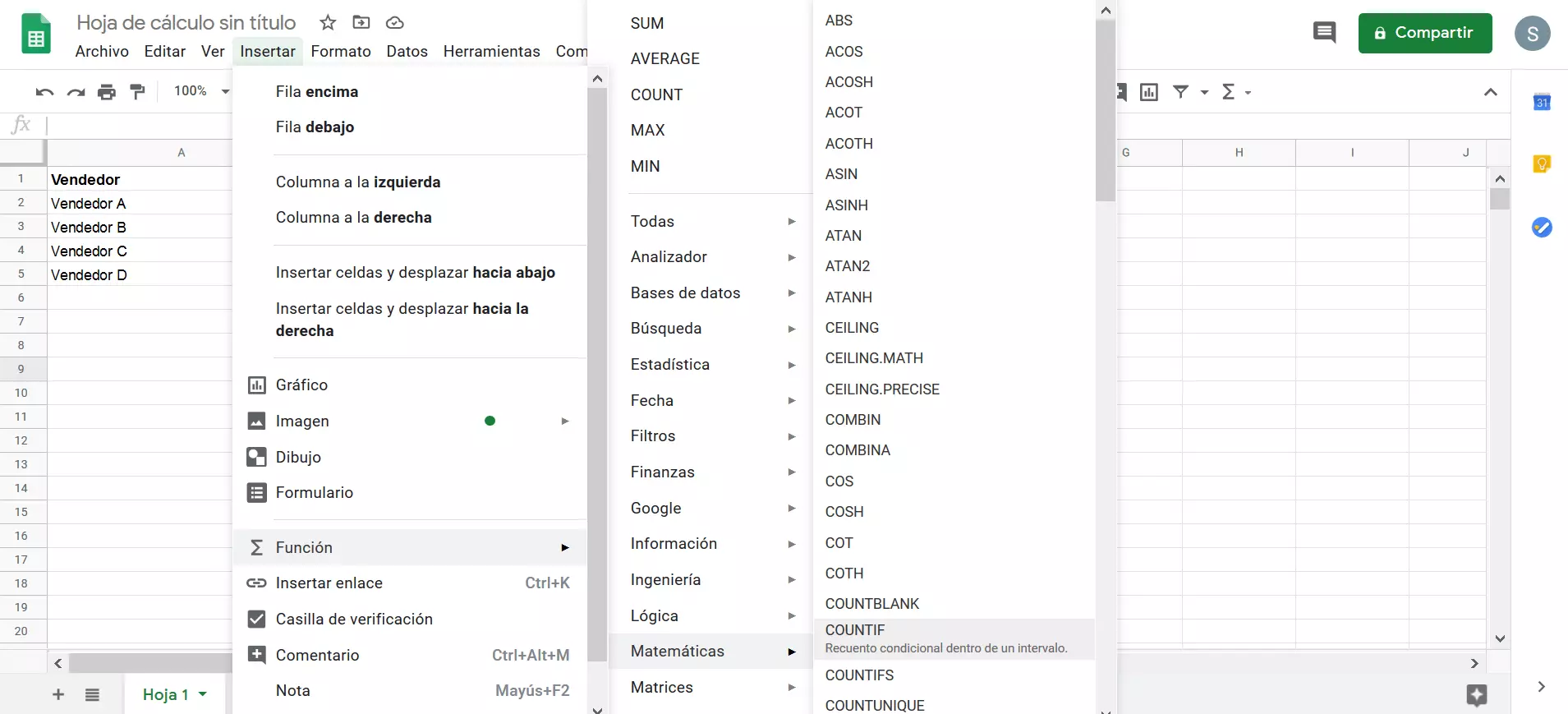 Imagen: Insertar COUNTIF en Google Sheets desde el menú 