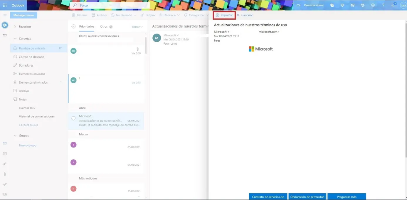 Imagen: Volverás a ver el correo entero y podrás seleccionar “Imprimir” arriba