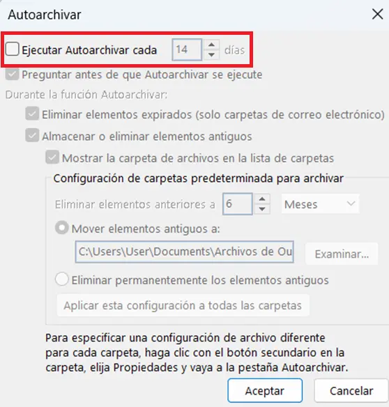Microsoft Outlook: menú de configuración de “Autoarchivar” Imagen: Microsoft Outlook: menú de configuración de “Autoarchivar”