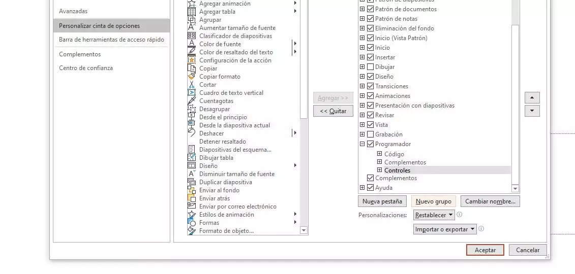 Imagen: Opciones de PowerPoint 2016: añadir un nuevo grupo