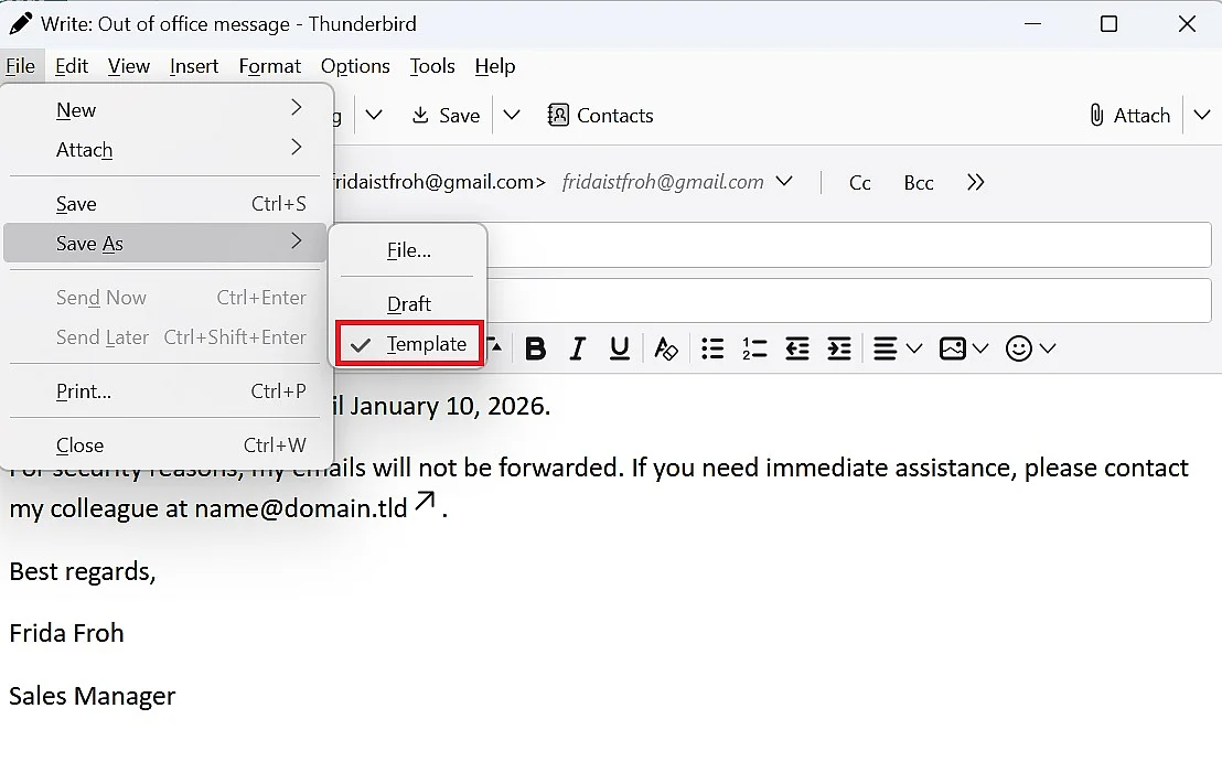 Respuesta automática en Thunderbird: guardar el texto como plantilla Imagen: Respuesta automática en Thunderbird: guardar el texto como plantilla