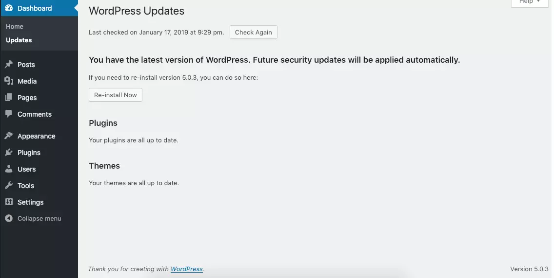 Imagen: Captura de un panel de control de WordPress después de la actualización