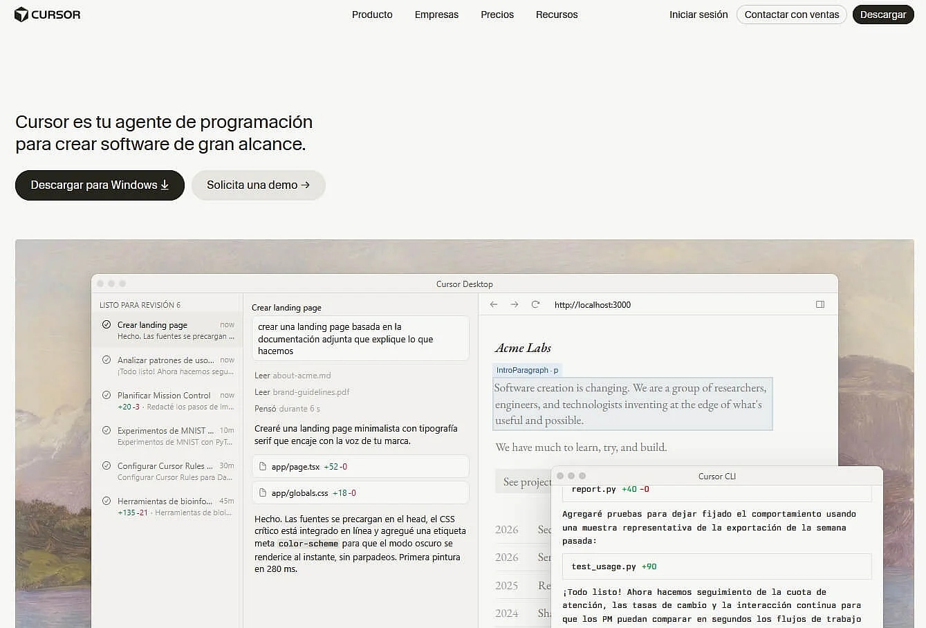 Captura de pantalla de la página web de Cursor Imagen: Captura de pantalla de la página web de Cursor