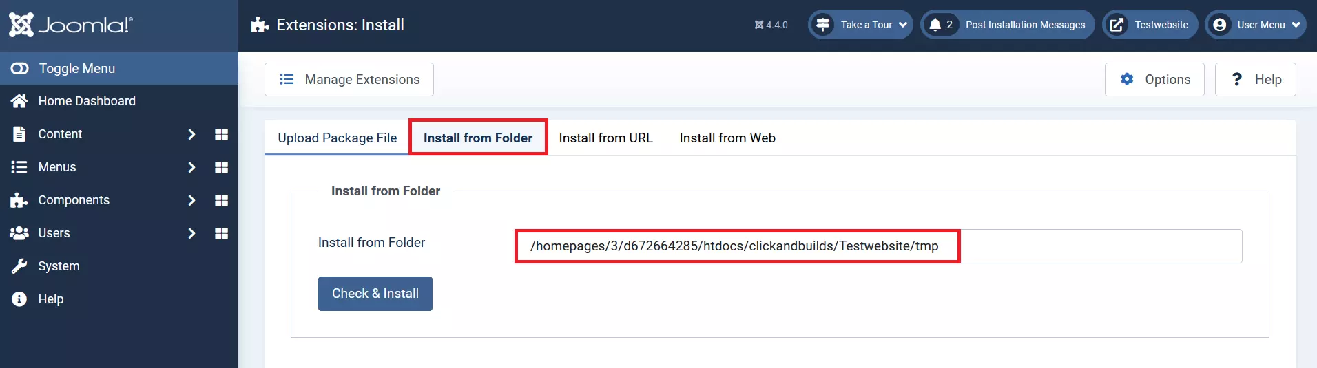 Opción “Instalar desde directorio” en el backend de Joomla Opción “Instalar desde directorio” en el backend de Joomla