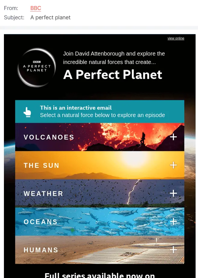 Ejemplo de una newsletter con contenido interactivo de BBC Ejemplo de una newsletter con contenido interactivo de BBC