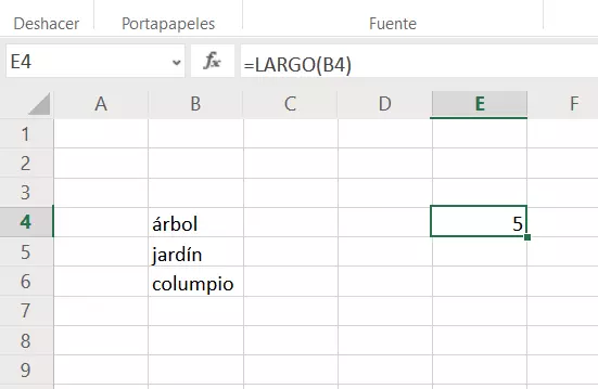 Imagen: Función LARGO de Excel con referencia a la primera celda 