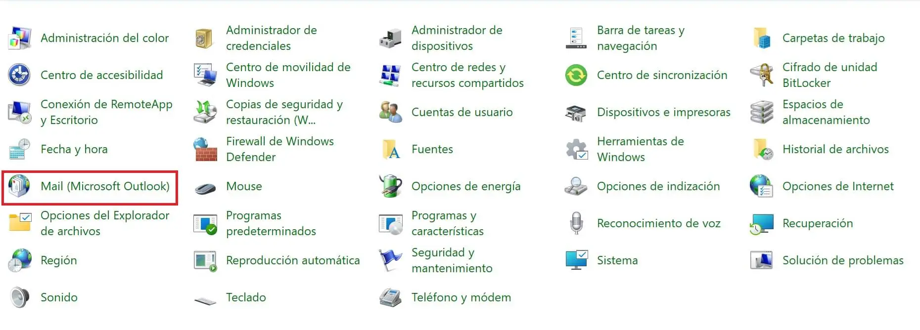 Imagen: Opción “Mail” en el panel de control de Windows