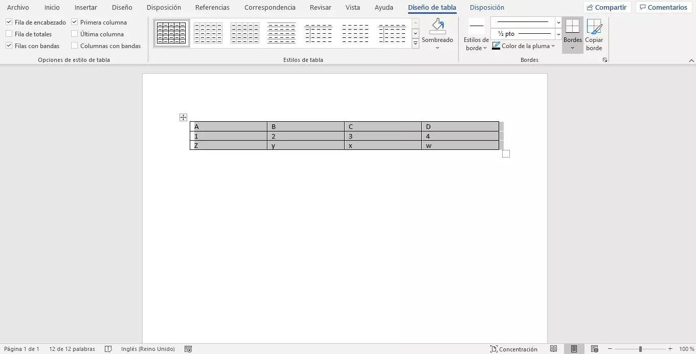 Imagen: Selección de Herramientas de tabla en Word