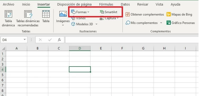 Imagen: Formas o SmartArt para crear diagramas de flujo en Excel