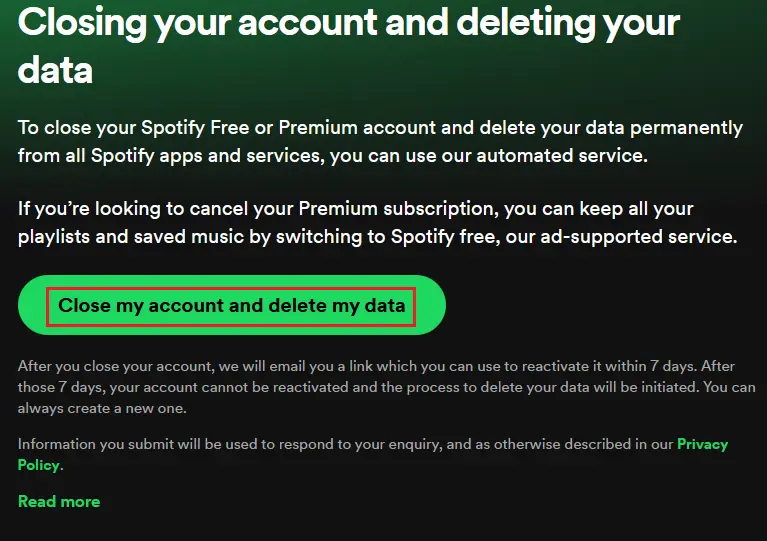 Pestaña de “Cerrar tu cuenta y eliminar tus datos” en Spotify Imagen: Pestaña de “Cerrar tu cuenta y eliminar tus datos” en Spotify