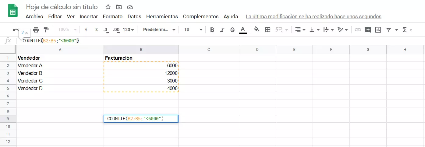 Imagen: Google Sheets: función CONTAR.SI con una condición 
