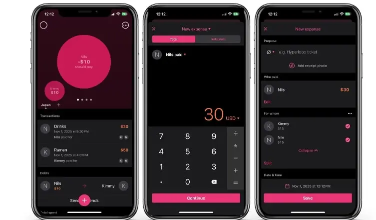 Imagen: Captura de pantalla de la app de Settle Up: grupo, participantes y saldar deudas