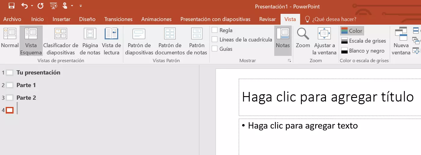 Imagen: Tabla de contenido de PowerPoint: vista Esquema