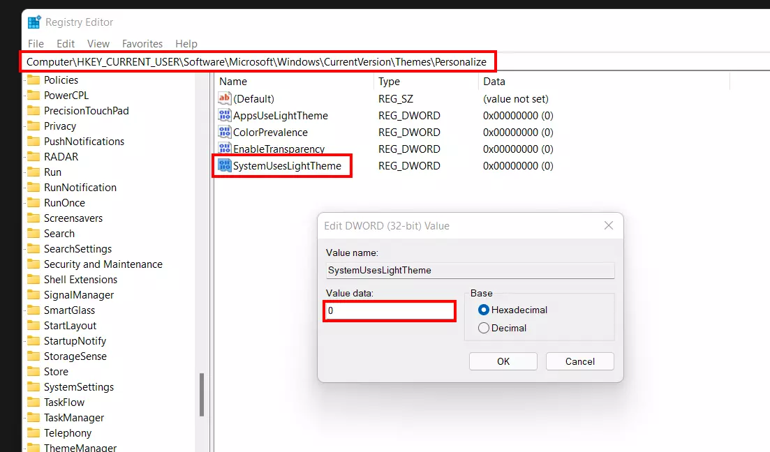 Imagen: Regedit: Entrada del modo oscuro de Windows 11