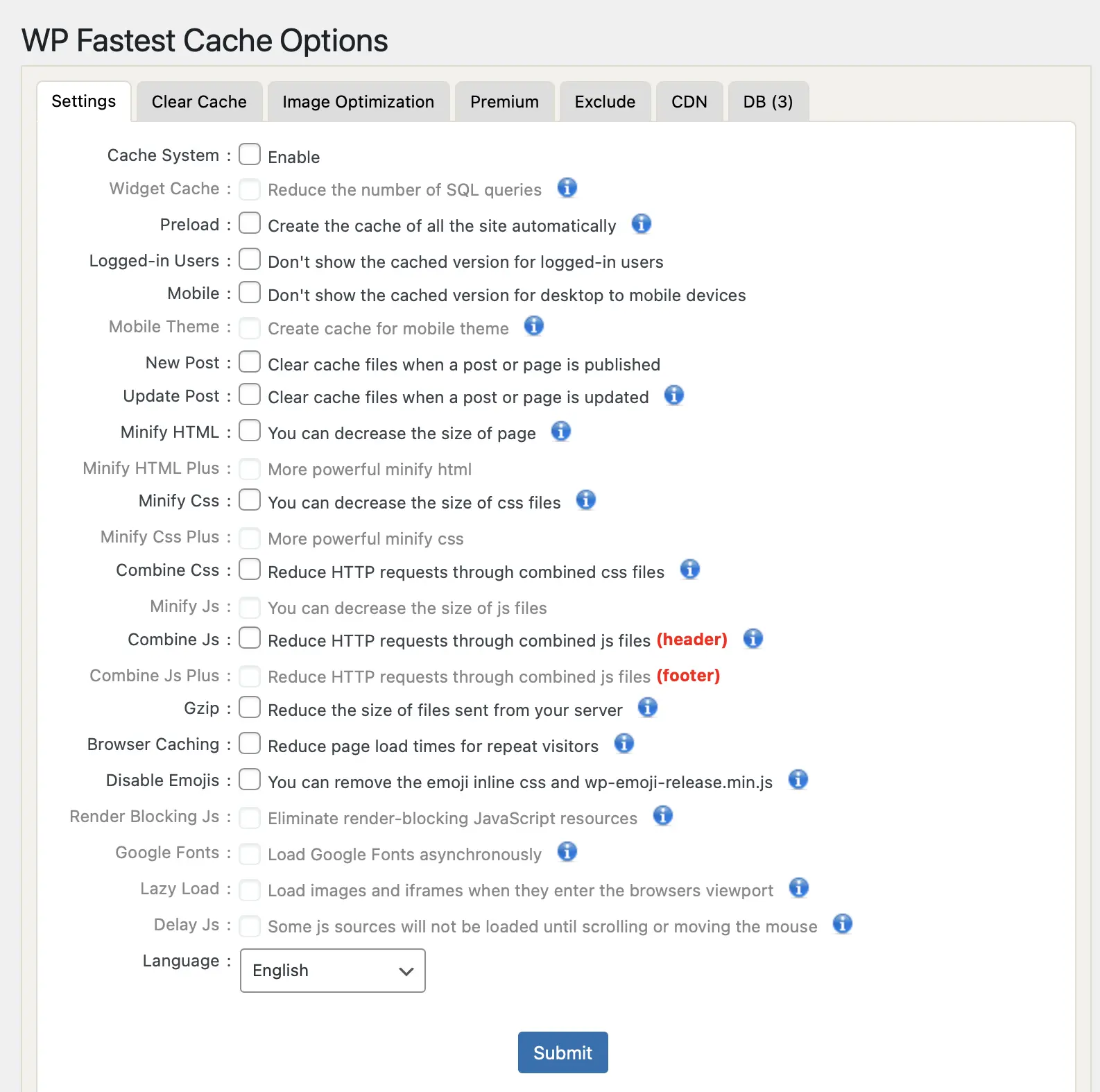 Opciones de configuración del plugin de caching WP Fastest Cache en el backend de WordPress Imagen: Opciones de configuración del plugin de caching WP Fastest Cache en el backend de WordPress