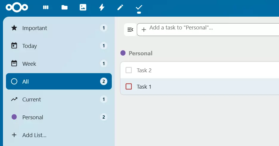 Captura de pantalla de la aplicación Task de Nextcloud Captura de pantalla de la aplicación Task de Nextcloud