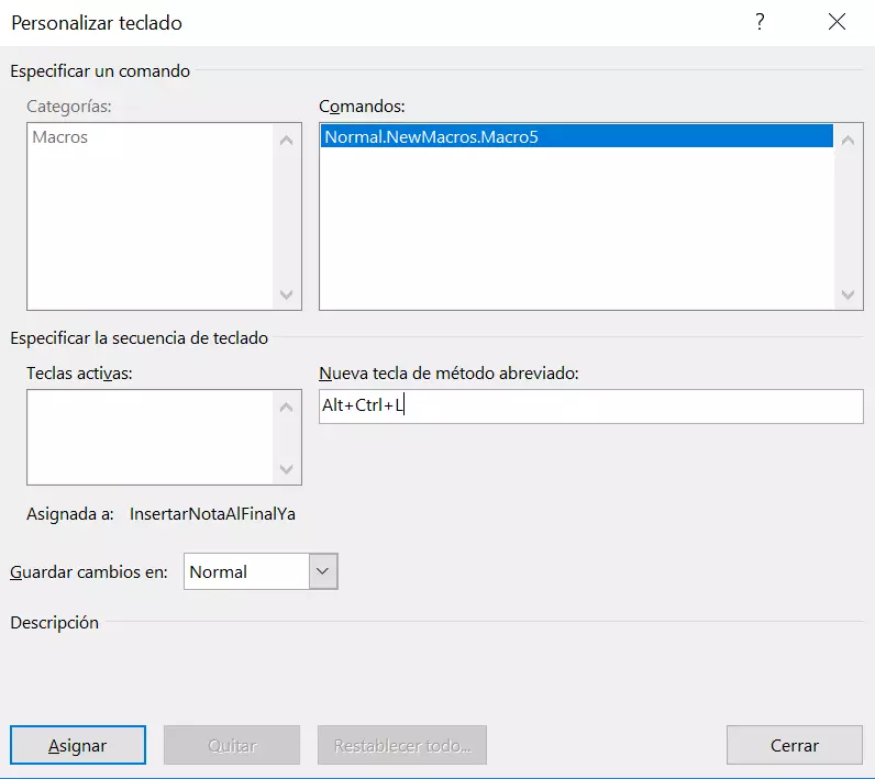Imagen: Word 2016: Menú “Personalizar teclado”