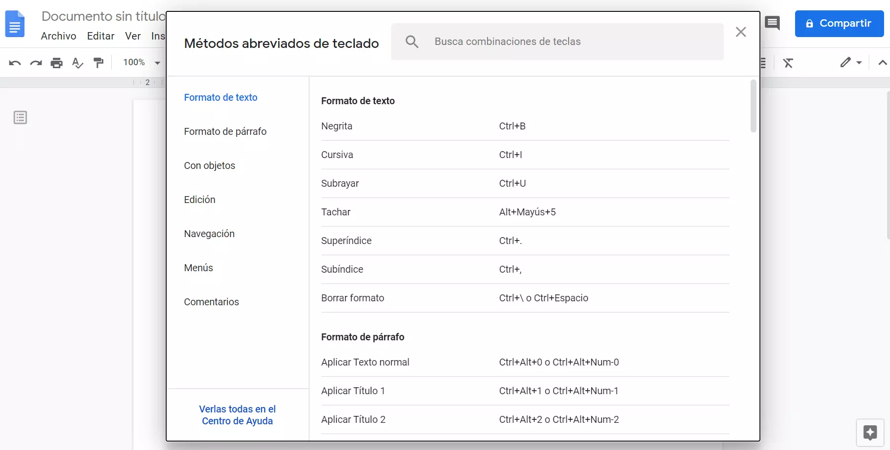 Imagen: Combinaciones de teclas de Google Docs