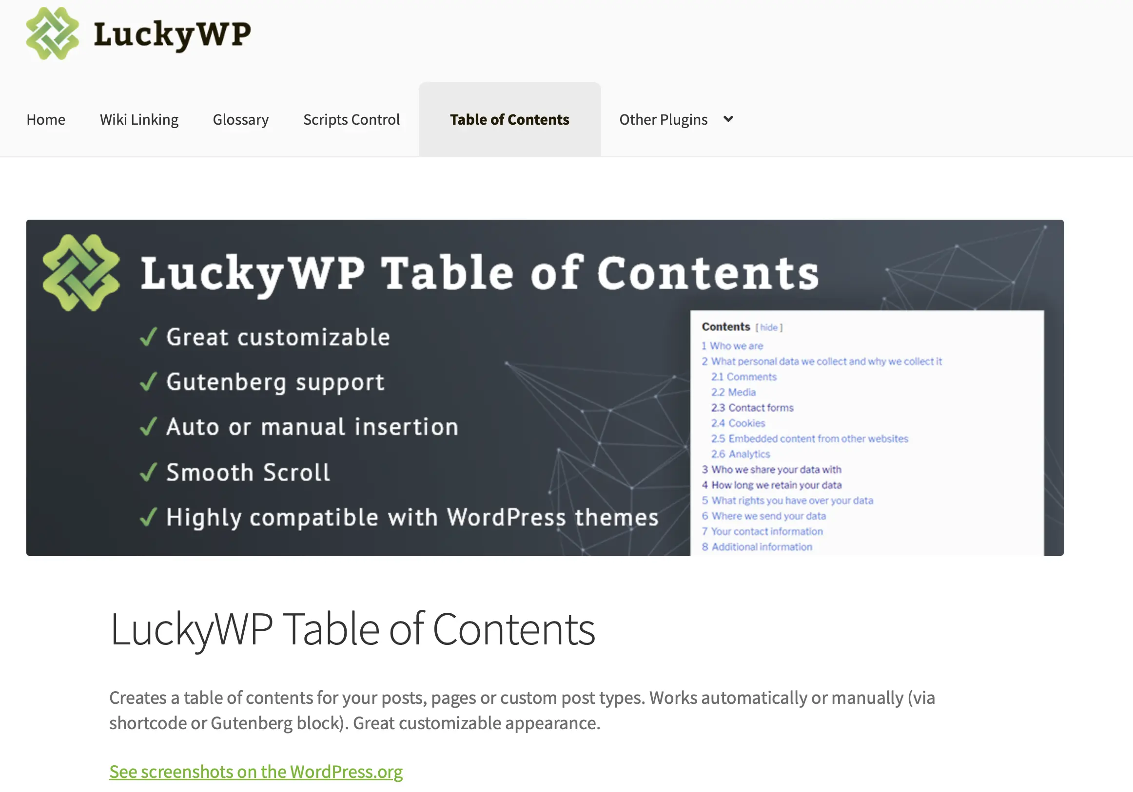 Imagen: Página informativa de LuckyWP Table of Contents, en la web de su desarrollador