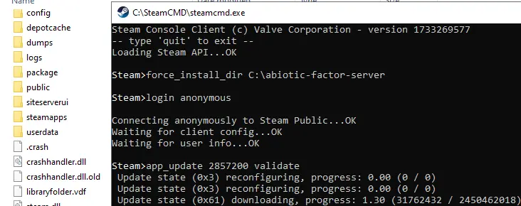 Instalación del Abiotic Factor Server en SteamCMD Imagen: Instalación del Abiotic Factor Server en SteamCMD