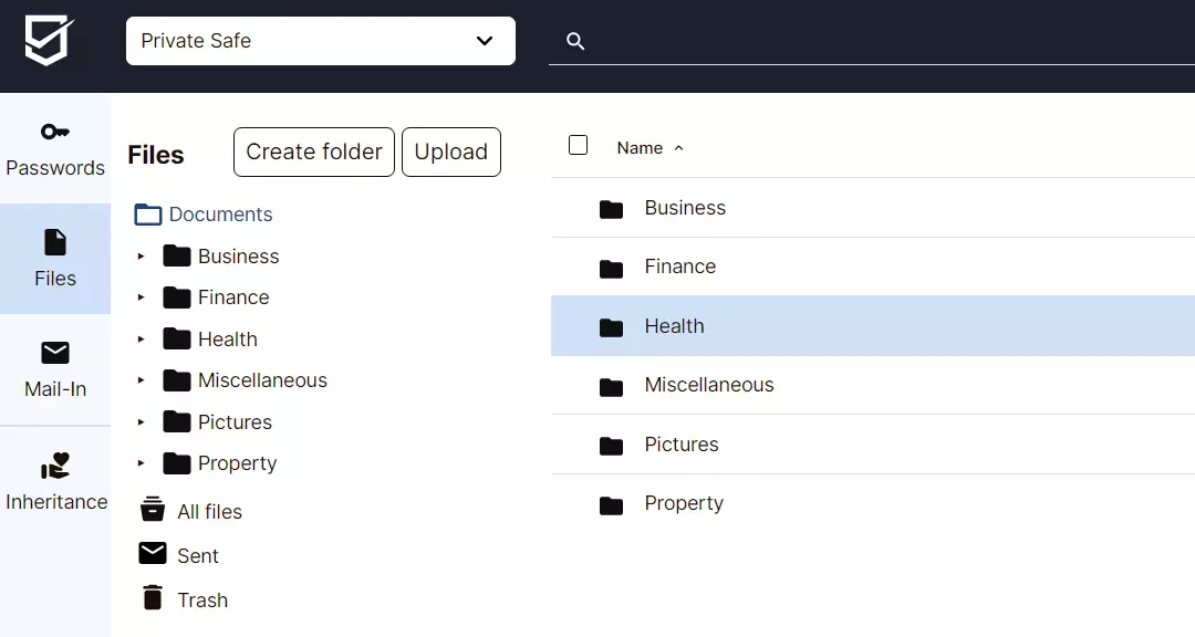 Vista de carpetas en SecureSafe Imagen: Vista de carpetas en SecureSafe