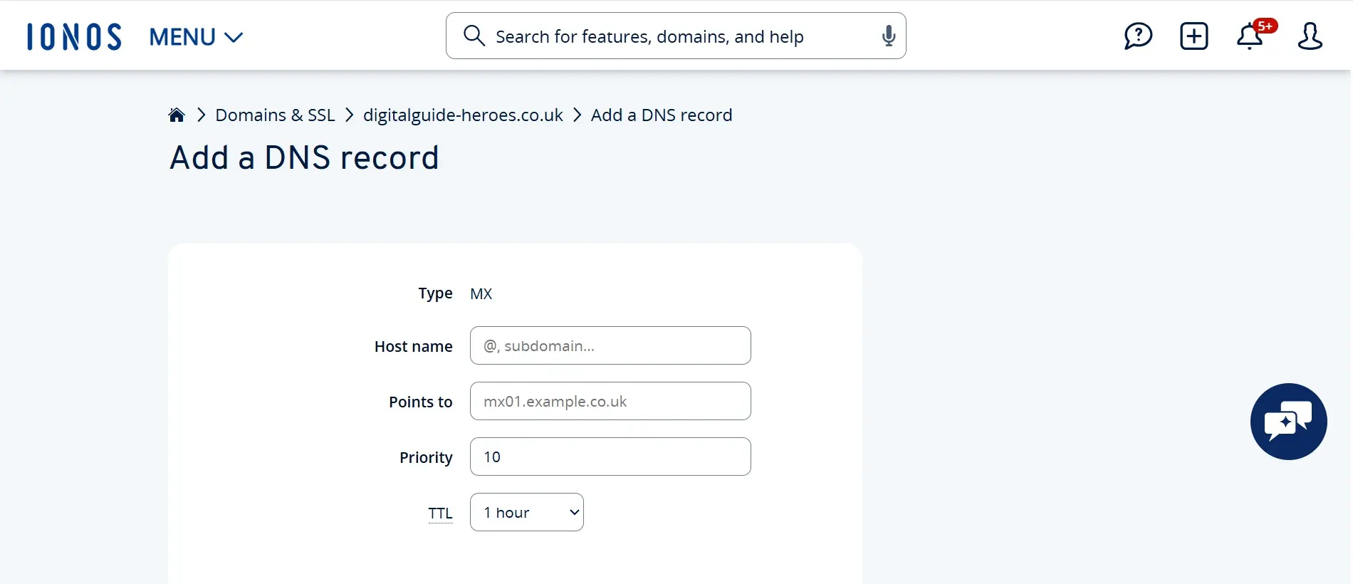 Imagen: Imagen: Cloud Panel de IONOS: añadir registro DNS