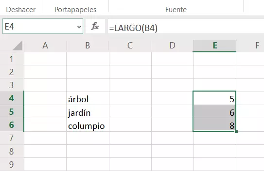 Imagen: Excel: función LARGO aplicada a un rango de celdas 