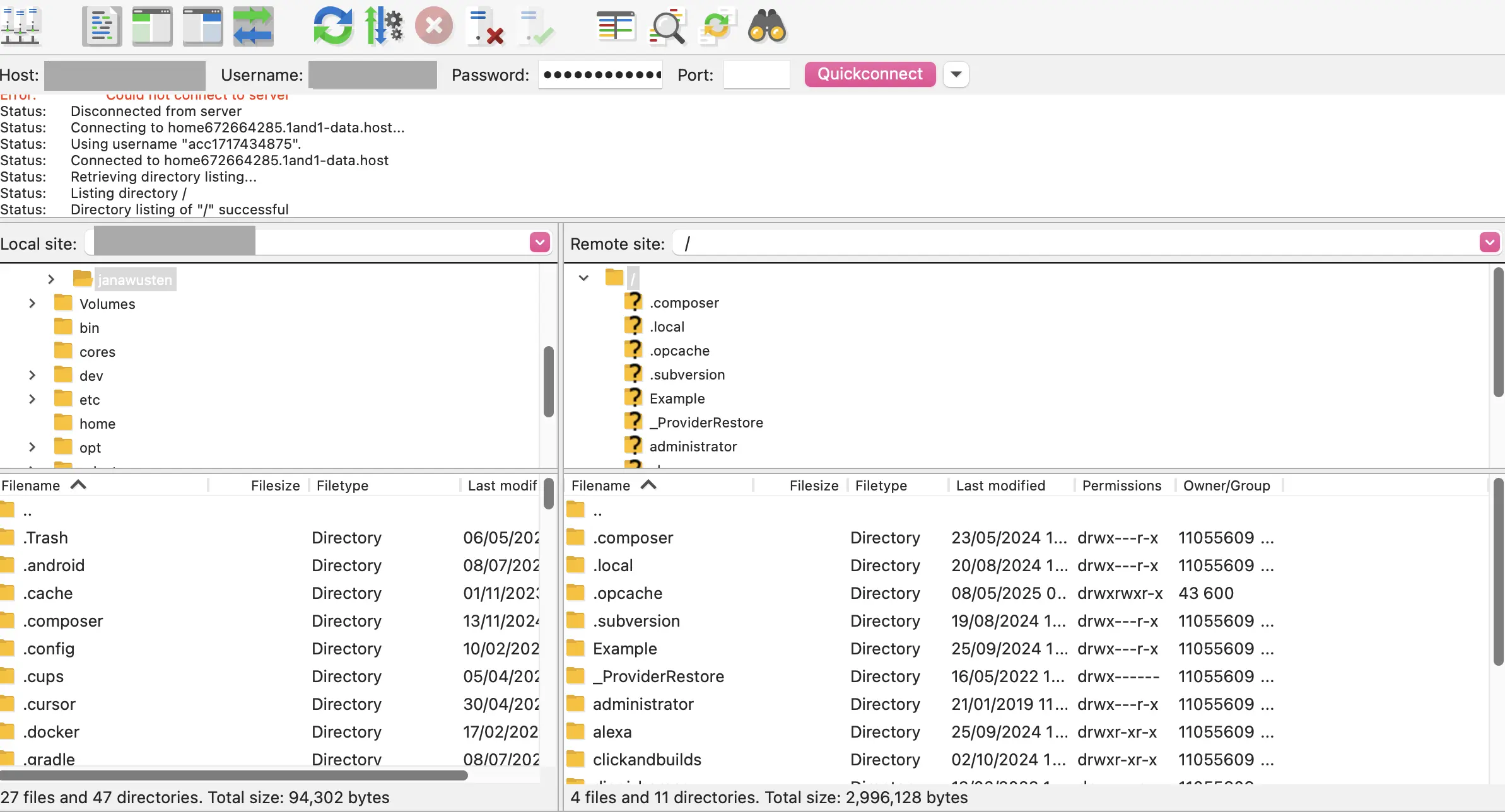 Vista estándar de FileZilla Imagen: Vista estándar de FileZilla