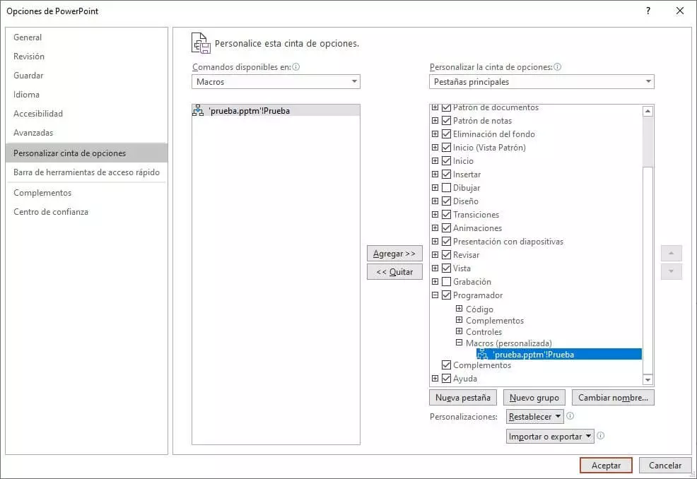 Imagen: Personalizar la cinta de opciones de PowerPoint: añadir macro