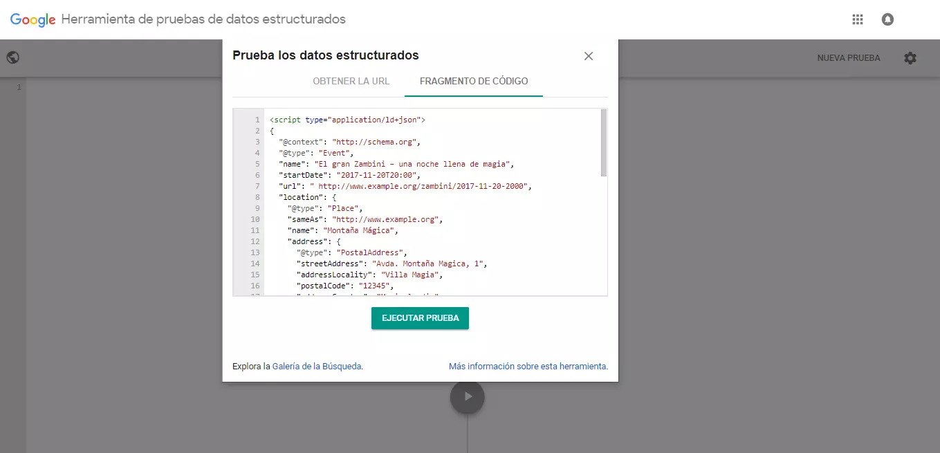 Imagen: Código JSON-LD en la herramienta de pruebas de datos estructurados de Google