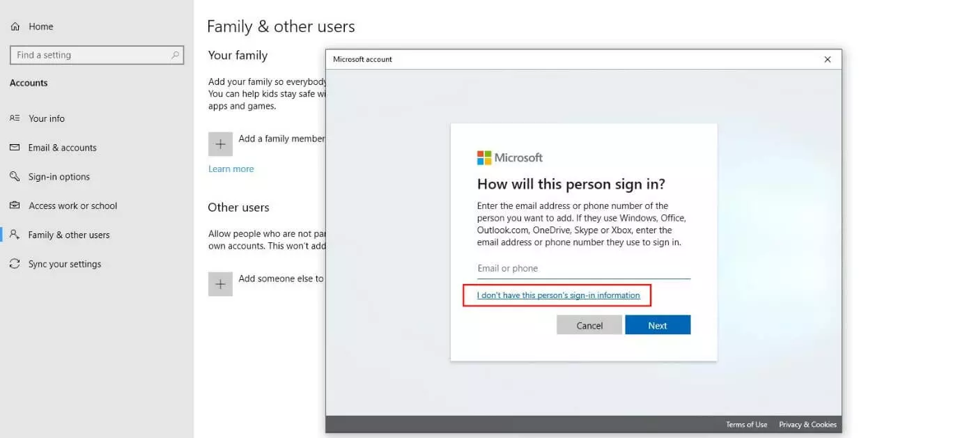 Cuadro de diálogo de Microsoft “¿Cómo iniciará sesión esta persona?”