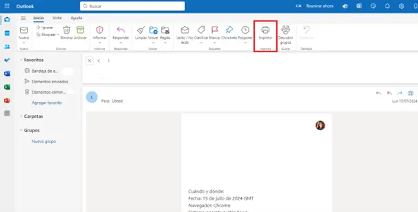 Imagen: Versión web de Outlook, correo abierto y menú abierto con “Imprimir”