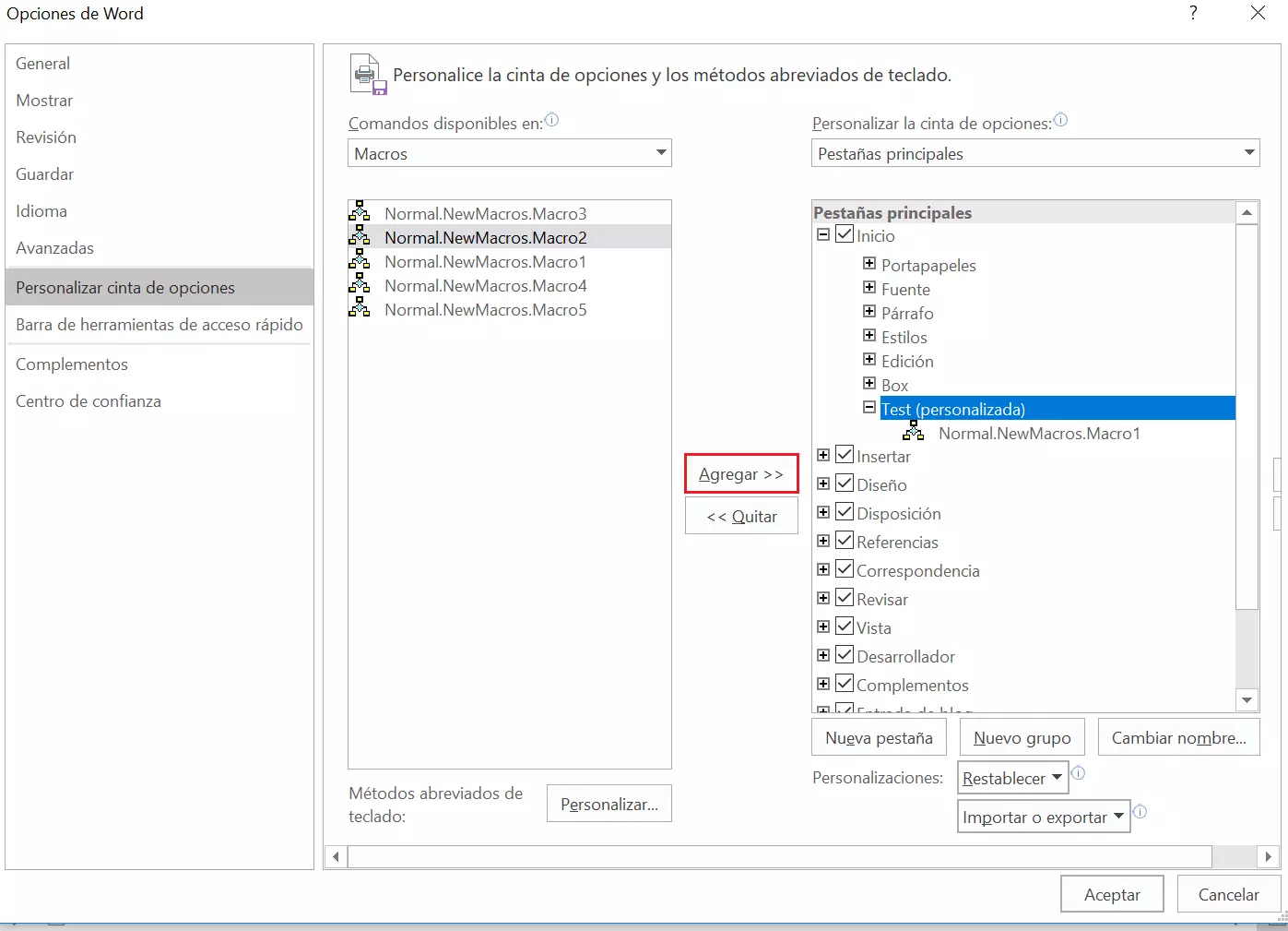 Imagen: Agregar una macro a una pestaña en Word