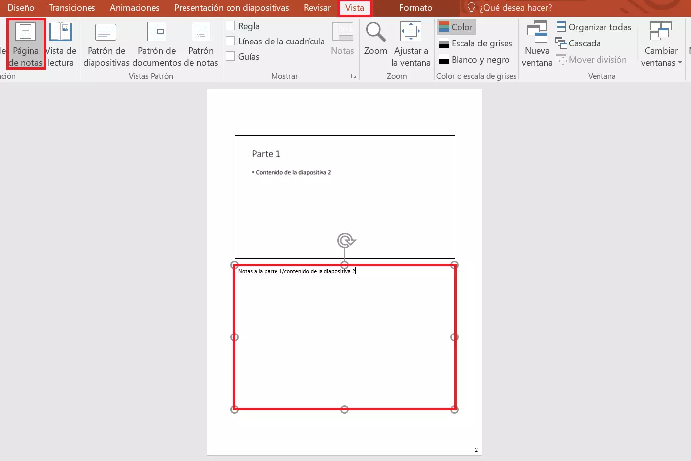 Imagen: Página de notas de orador en PowerPoint: insertar notas.