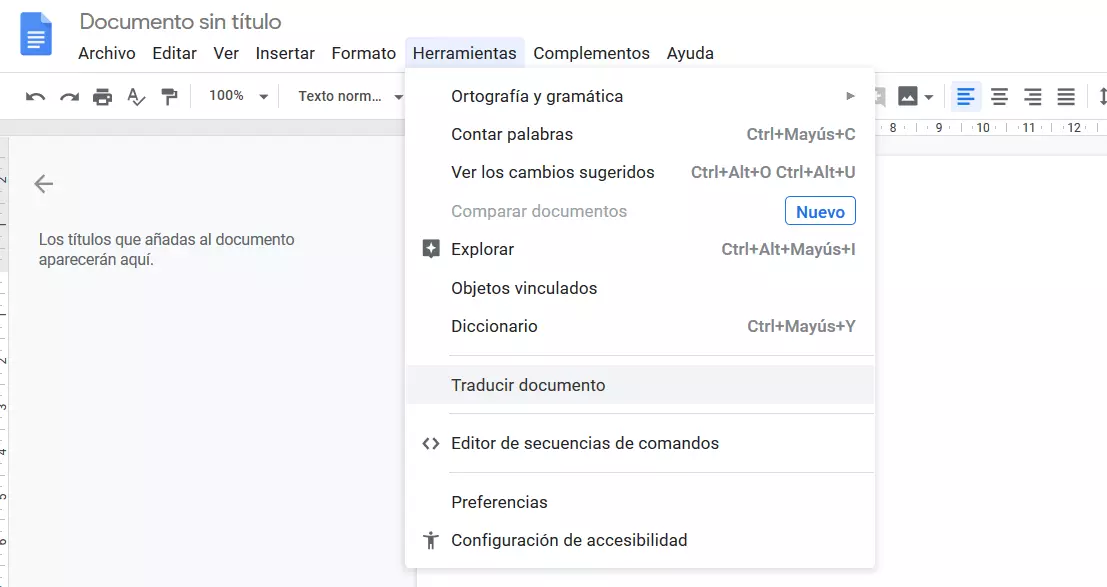 Imagen: Función de traducción en Google Docs