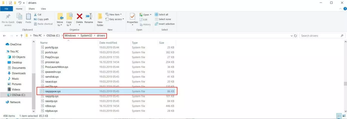 Explorador de archivos de Windows 10: directorio del archivo “raspppoe.sys”