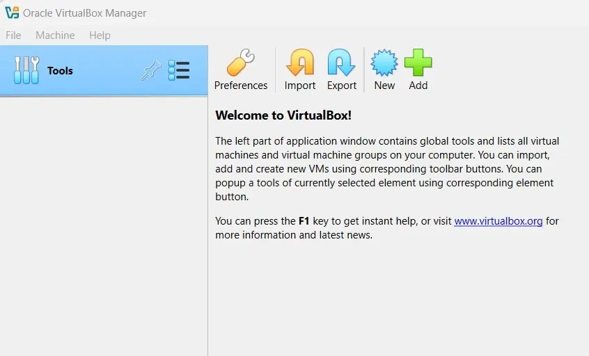 Imagen: Pantalla de inicio de Oracle VirtualBox Manager