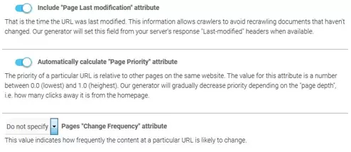 Imagen: Generador XML-Sitemaps.com: configuración de los atributos XML opcionales