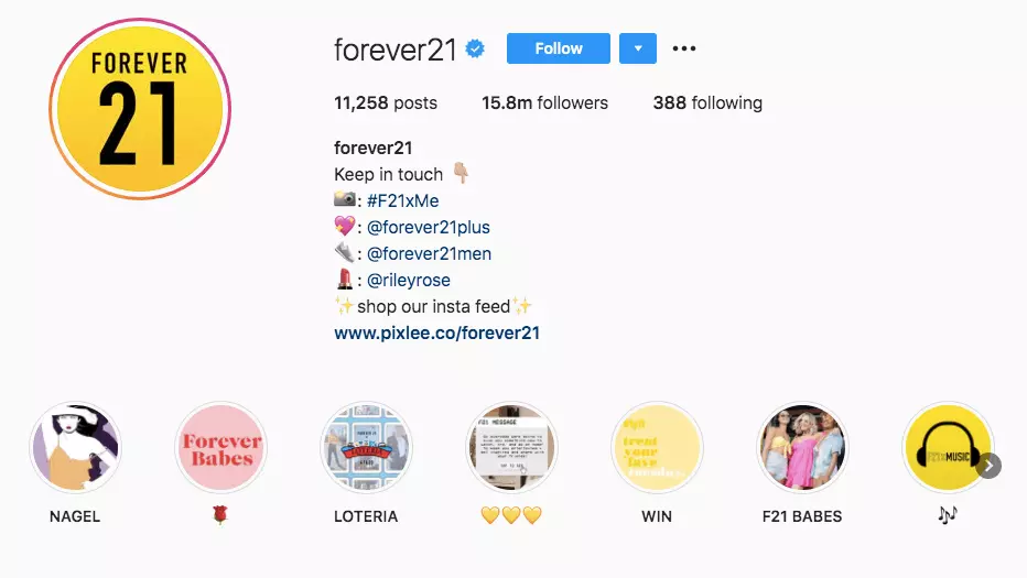 Imagen: Community hashtag en la biografía del Instagram de Forever 21.