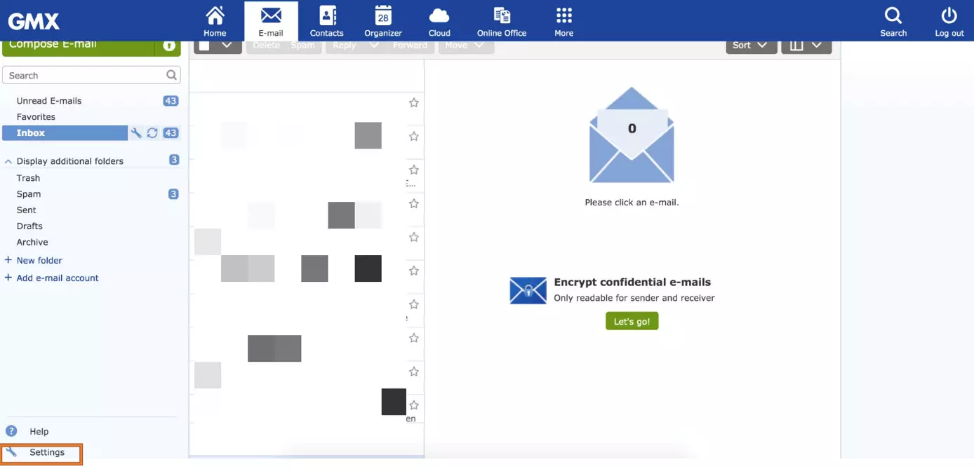 Imagen: Menú de configuración en el cliente de GMX