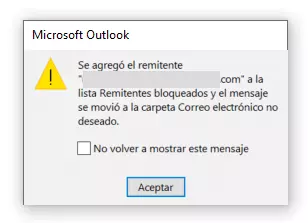 Imagen: Mensaje de Outlook para remitentes bloqueados