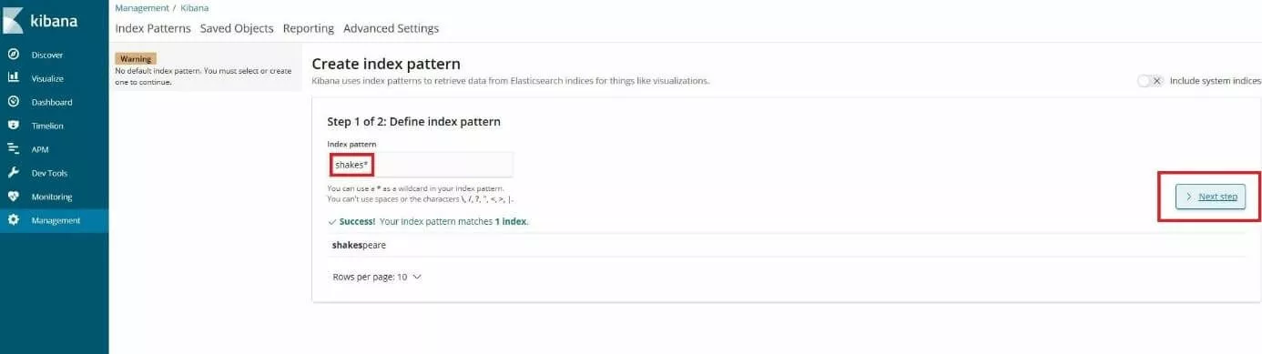 Imagen: Interfaz de Kibana: menú de creación de patrones de índice