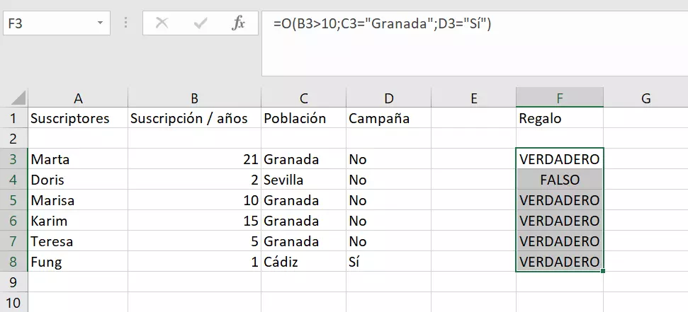 Imagen: Función de Excel O con categorías definidas por el usuario.