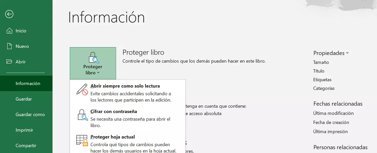 Imagen: Imagen del menú “Archivo” > “Información” > “Proteger libro”